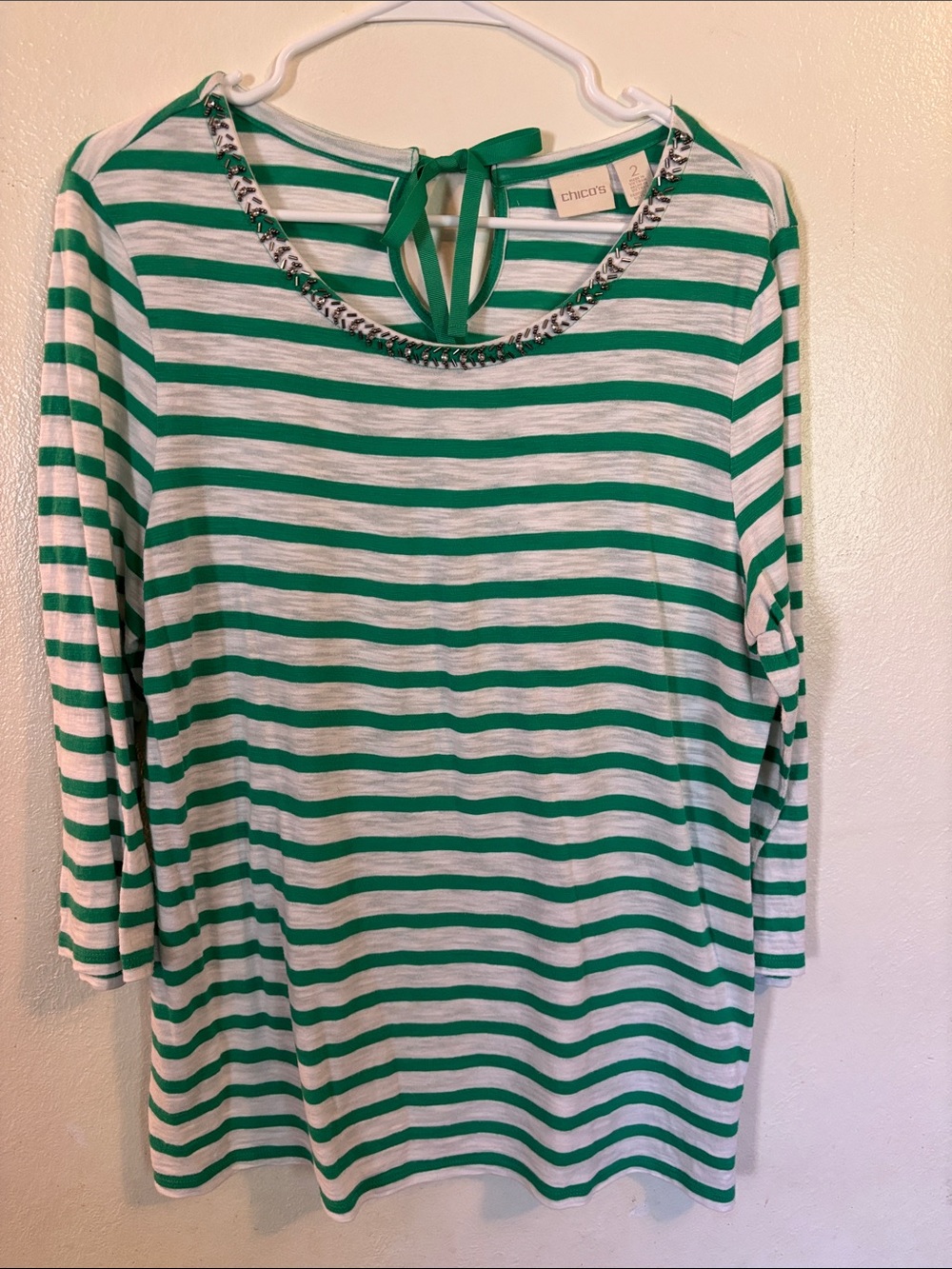 Chico's Green and White Striped Long-Sleeve Top